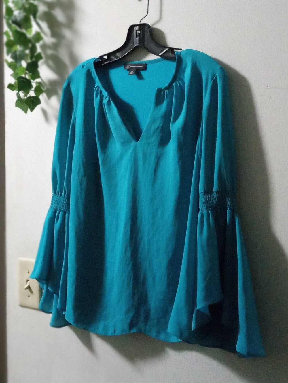 INC International Concepts Teal V-Neck Bell Sleeve Blouse